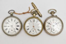 THREE OPEN FACE POCKET WATCHES, three white metal open face pocket watches, two with Roman