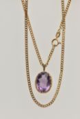 A 9CT GOLD AMETHYST PENDANT NECKLACE, oval cut amethyst in a claw mount, fitted with a tapered bail,