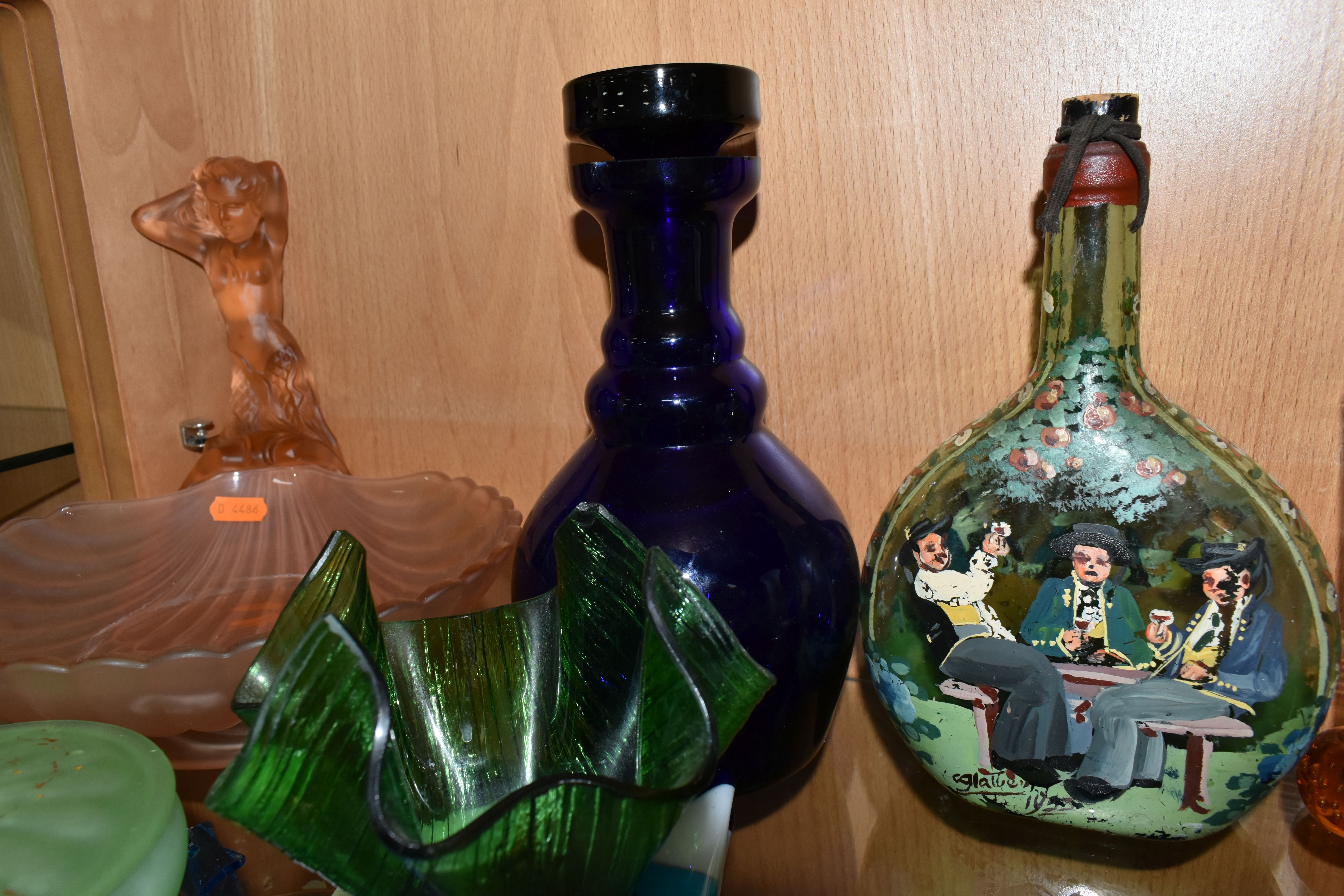 A COLLECTION OF COLOURED GLASSWARE, comprising two pale blue satin quilted air - trap vases, - Image 11 of 13