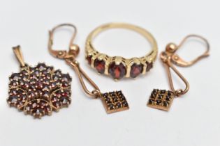 A GARNET SET RING, PENDANT AND EARRINGS, the ring set with five oval cut garnets, leaf detailed