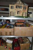 FOUR BOXES AND LOOSE VINTAGE TOYS AND GAMES ETC, to include a Jacko chimpanzee in need of some