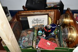 TWO BOXES AND LOOSE DIECAST VEHICLES, RADLEY PURSE AND SUNDRY ITEMS, to include playworn vintage