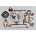 A SELECTION OF SILVER AND WHITE METAL JEWELLERY, to include a silver childs bangle, a silver John