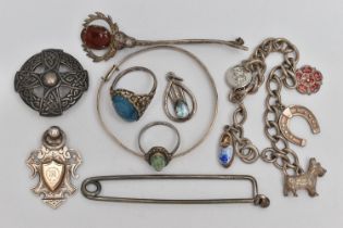 A SELECTION OF SILVER AND WHITE METAL JEWELLERY, to include a silver childs bangle, a silver John