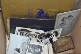 A BOX OF ASSORTED EPHEMERA, to include Wills 'Safety First' and 'Radio Celebrities, cigarette cards,