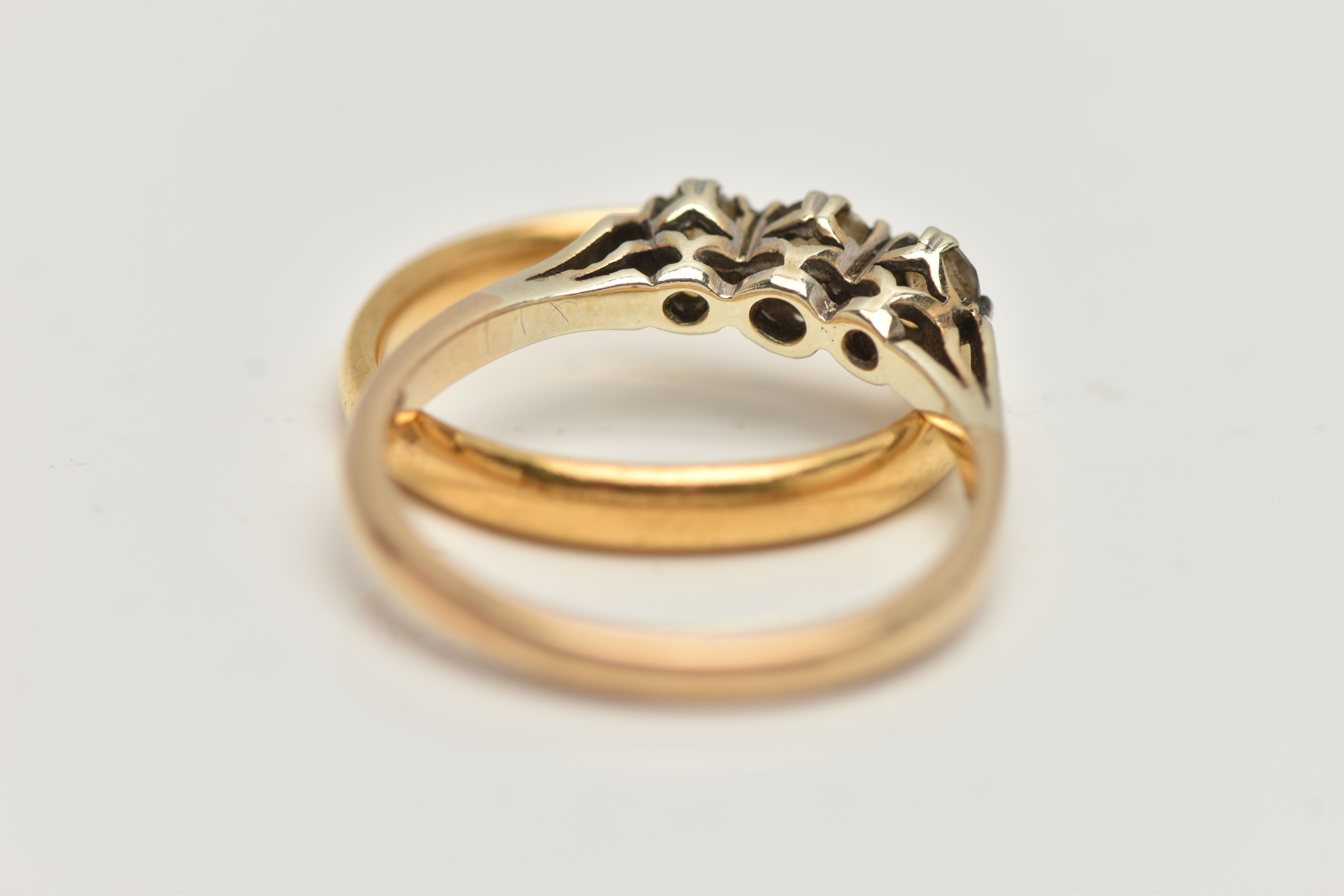 TWO RINGS, to include a synthetic white sapphire three stone ring, stamped HS 9ct syn.w.sapph HI994, - Image 4 of 4