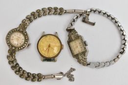 TWO LADYS COCKTAIL WRISTWATCHES AND A WATCH HEAD, the first a 'Ingersoll' white metal and