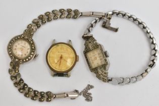 TWO LADYS COCKTAIL WRISTWATCHES AND A WATCH HEAD, the first a 'Ingersoll' white metal and