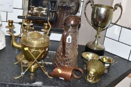 A COLLECTION OF METALWARE, comprising a Victorian brass spirit kettle with original brass stand, a