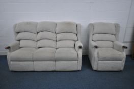 AN OATMEAL UPHOLSTERED THREE SEATER SOFA, length 177cm x depth 86cm x height 101cm, and a matching