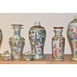 SEVEN 19TH CENTURY CHINESE CANTON FAMILLE ROSE PORCELAIN VASES AND THREE COVERS, SOME PIECES WITH