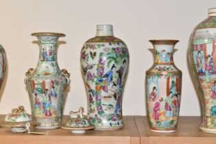 SEVEN 19TH CENTURY CHINESE CANTON FAMILLE ROSE PORCELAIN VASES AND THREE COVERS, SOME PIECES WITH