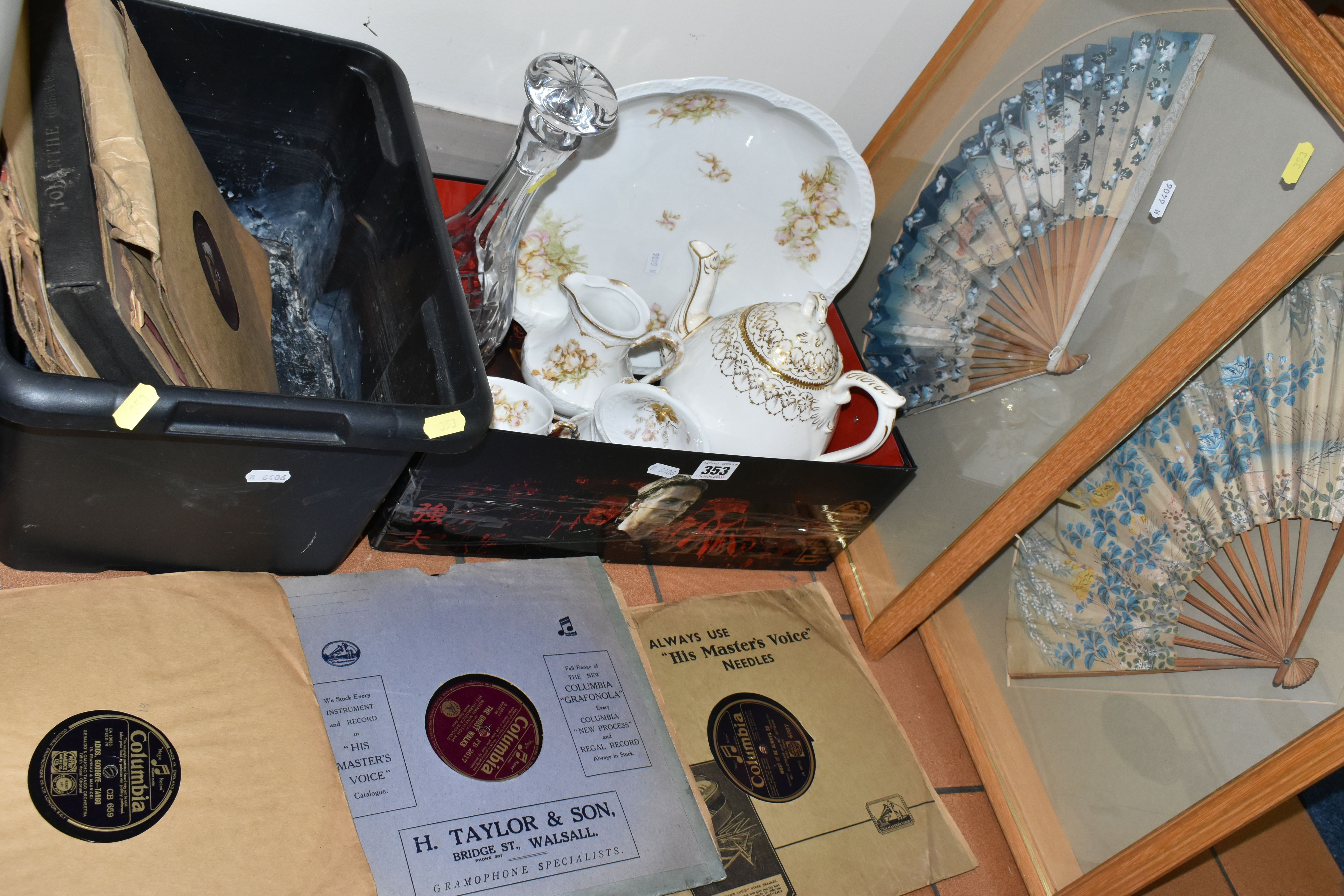 TWO BOXES OF LIMOGES TEAWARE AND TWO FRAMED HAND PAINTED PAPER FANS, to include two framed and