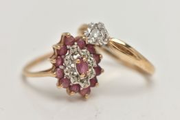 TWO 9CT GOLD GEM SET RINGS, the first a single stone illusion set diamond ring, set with a small