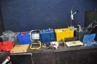 FIVE BOXES CONTAINING TOOLS AND HARDWARE including a Clarke Drill stand, a Marples Irwin wood chisel