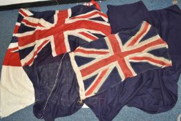 ONE BOX CONTAINING THREE VINTAGE BRITISH FLAGS, comprising a sewn construction Union Jack,