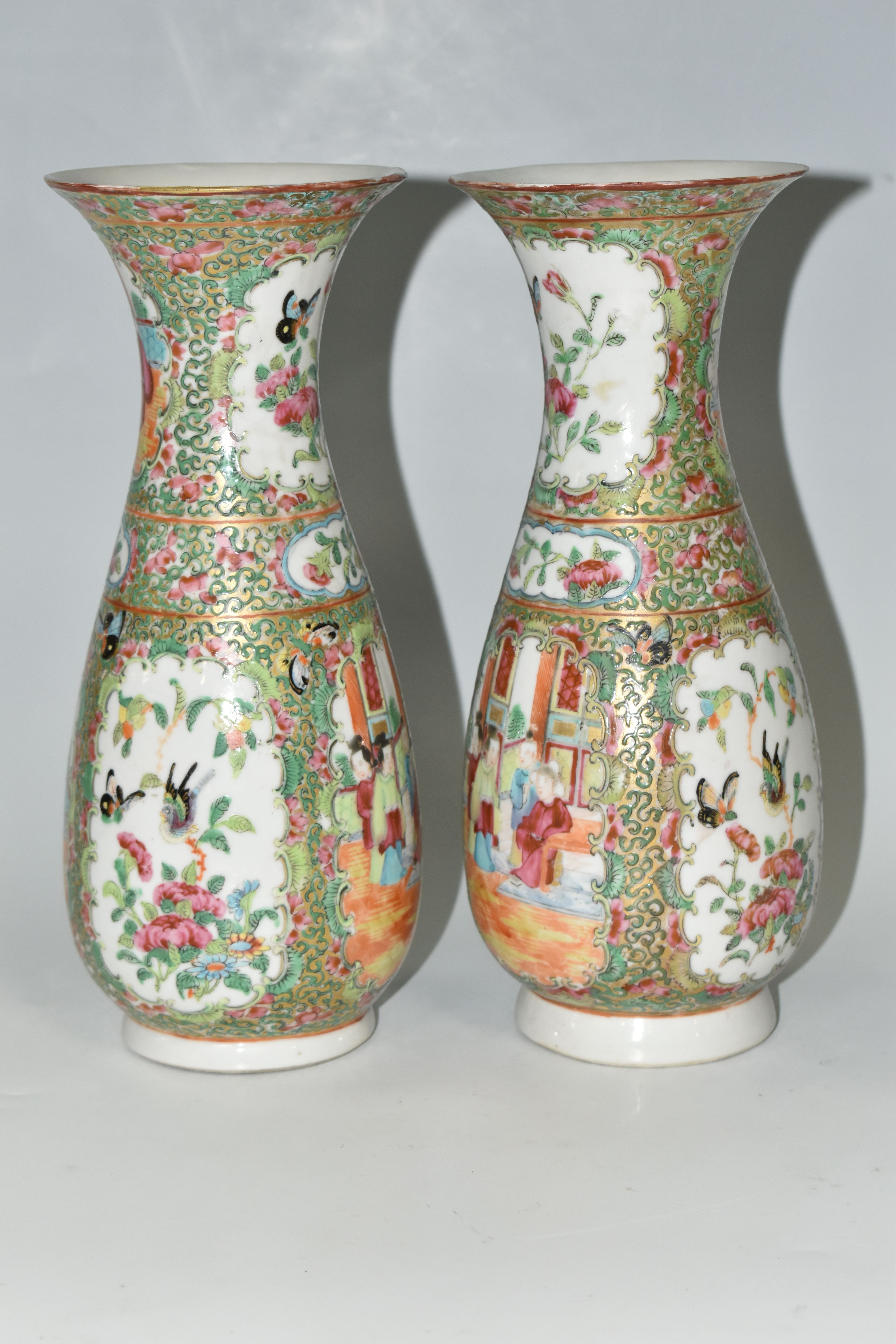A NEAR PAIR OF LATE 19TH CENTURY CHINESE CANTON FAMILLE ROSE PORCELAIN BALUSTER VASES, with flared - Image 2 of 5