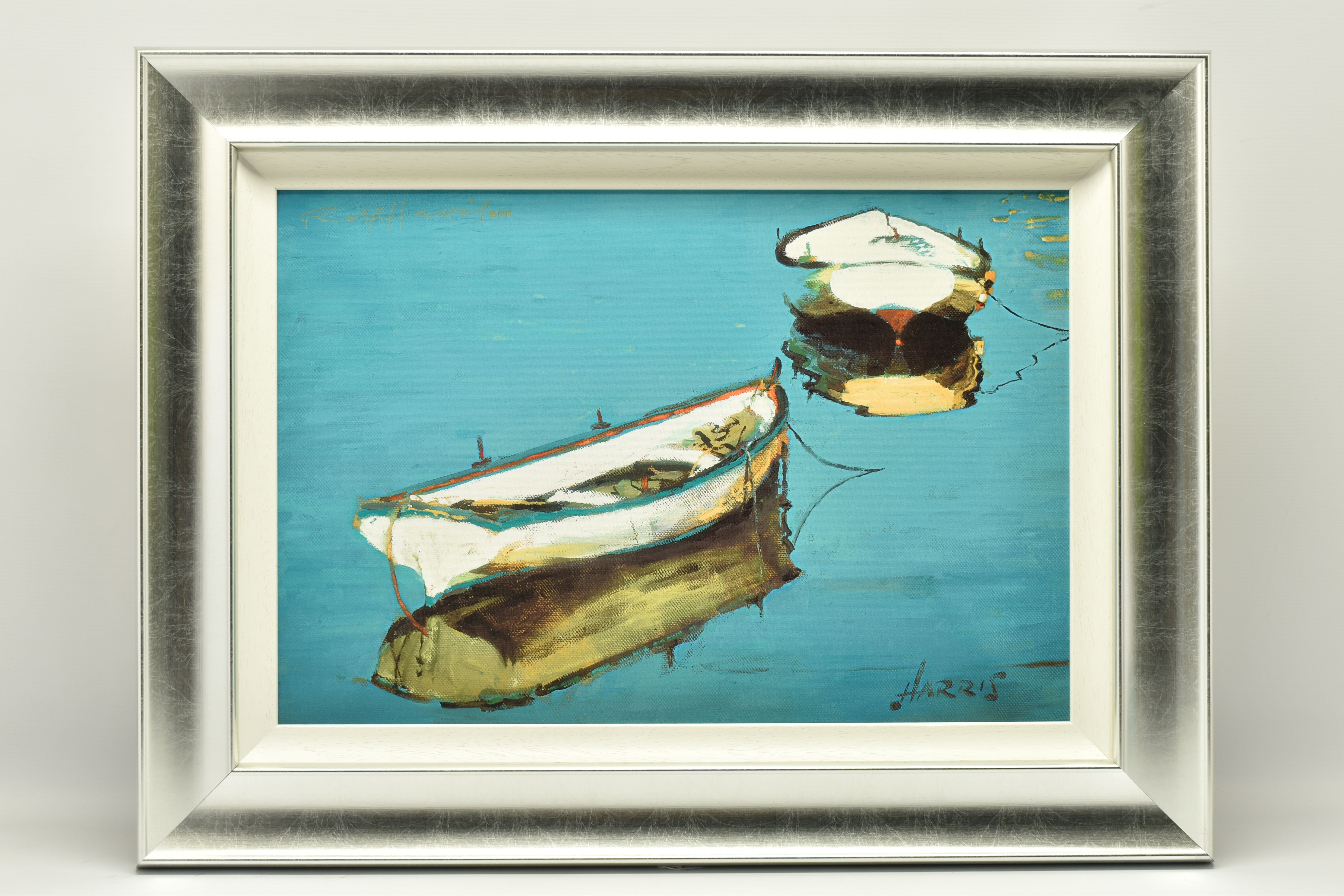 ROLF HARRIS (AUSTRALIAN 1930), 'DEAD FLAT CALM', a limited edition print on board depicting dinghies