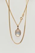 A MOONSTONE NECKLACE, a single oval cabochon moonstone collet set in a yellow metal closed back