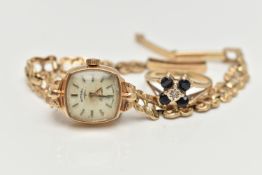 A 9CT GOLD 'ROTARY' LADYS WRISTWATCH AND A 9CT GEM SET RING, hand wound movement, square dial signed