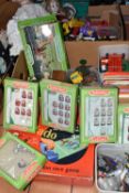 TWO BOXES OF VINTAGE TOYS, DOLLS AND GAMES, to include five boxed sets of Subbuteo Table Soccer