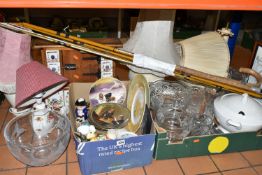 TWO BOXES AND LOOSE LAMPS, FISHING RODS, CERAMICS, GLASS AND SUNDRY ITEMS, to include four table