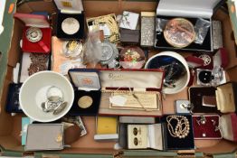 A BOX OF ASSORTED ITEMS, to include a metal jewellery box with contents of mainly white metal stud