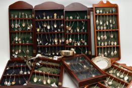A BOX OF WALL MOUNTED WOODEN TEASPOON DISPLAY CABINETS WITH COLLECTABLE TEASPOONS, eight displays in