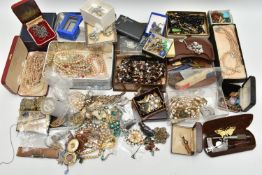 A BOX OF ASSORTED ITEMS, to include a large selection of costume jewellery, a silver plated photo