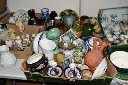 FIVE BOXES OF CERAMICS AND ORNAMENTS, to include a Continental porcelain nine piece dressing table