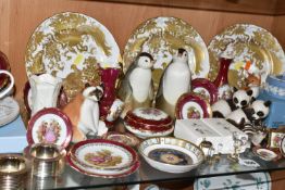 A GROUP OF NAMED ORNAMENTS AND CABINET PLATES, comprising three Royal Crown Derby 'Gold Aves'