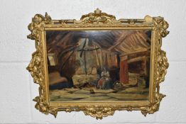 A 19TH CENTURY ENGLISH SCHOOL COTTAGE INTERIOR, a female figure is knitting beside a fire,