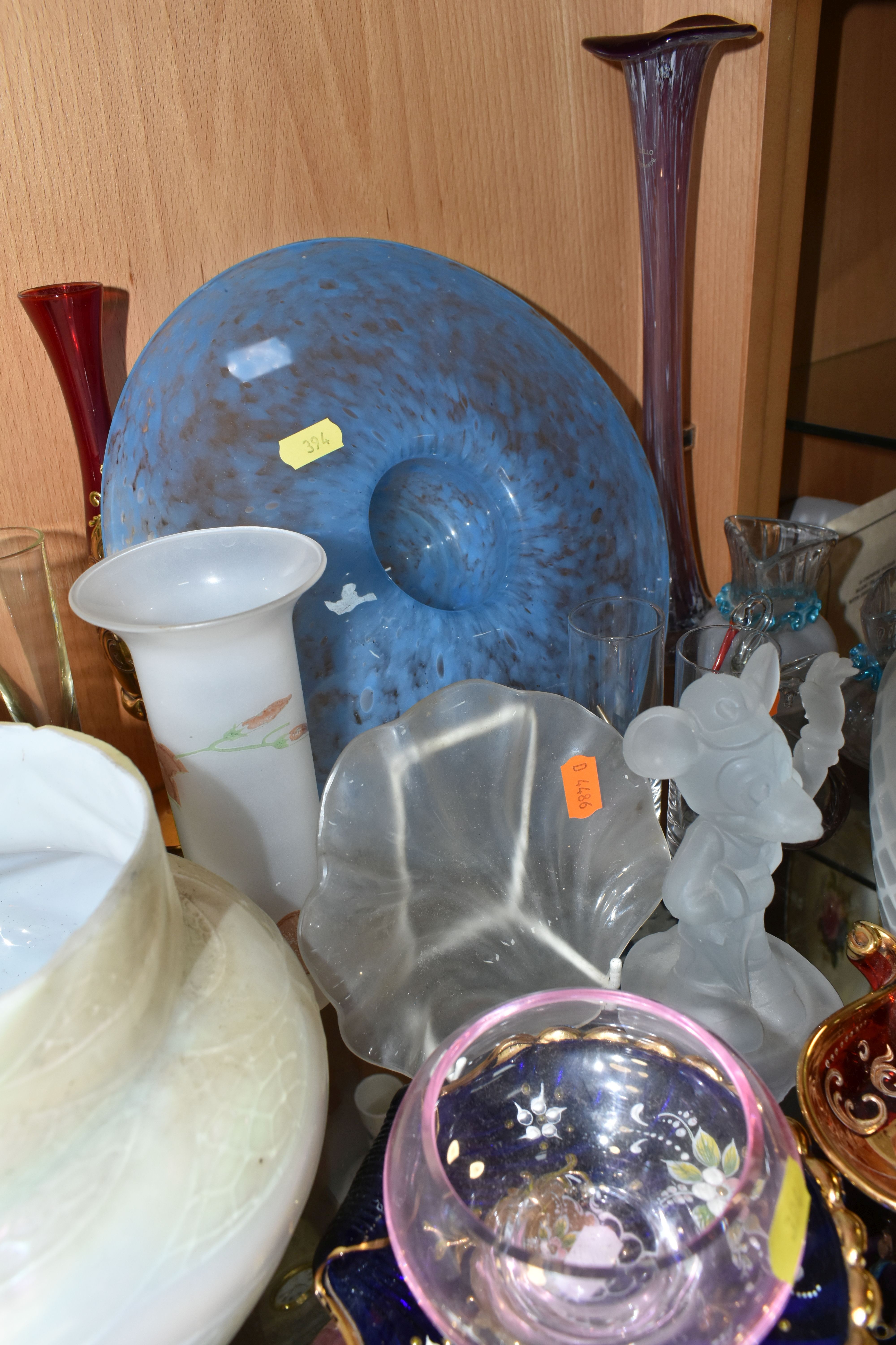 A COLLECTION OF COLOURED GLASSWARE, comprising two pale blue satin quilted air - trap vases, - Image 9 of 13