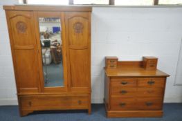 A 20TH CENTURY SATINWOOD TWO PIECE BEDROOM SUITE, comprising a wardrobe with a single mirrored door,