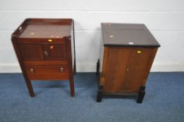 AN EDWARDIAN AND INLAID MAHOGANY TRAY TOP COMMODE, with two drawers and single cupboard door,