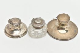 THREE LATE 19TH TO EARLY 20TH CENUTRY SILVER INKWELLS, two of circular tapered design with hinged
