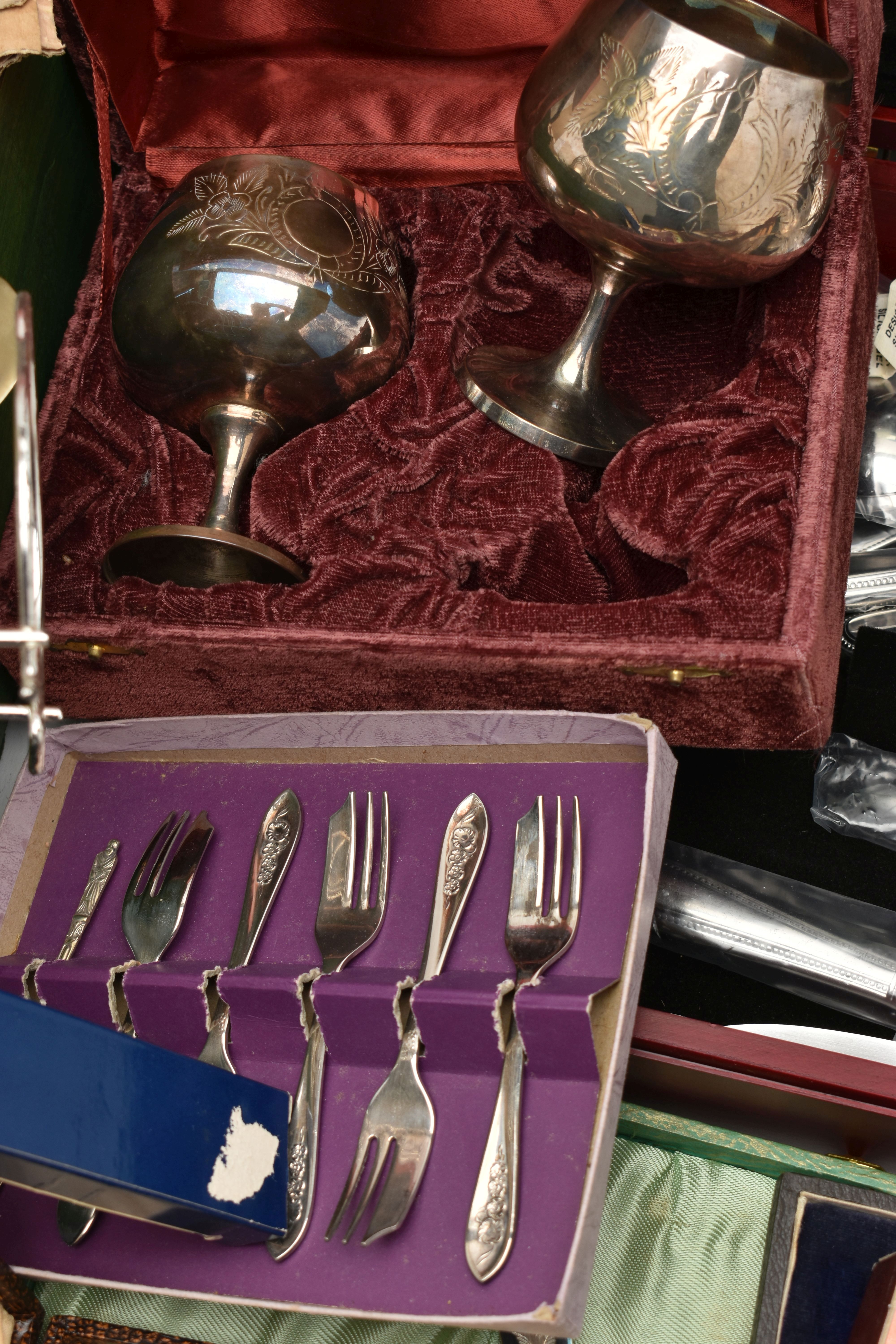 A BOX OF ASSORTED WHITE METAL WARE, to include a punch bowl with ladle, large oval tray, teapot, - Image 4 of 6