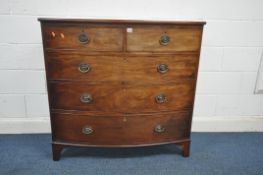 A GEORGIAN MAHOGANY BOW FRONT CHEST OF TWO SHORT OVER THREE LONG DRAWERS, width 109cm x depth 50m