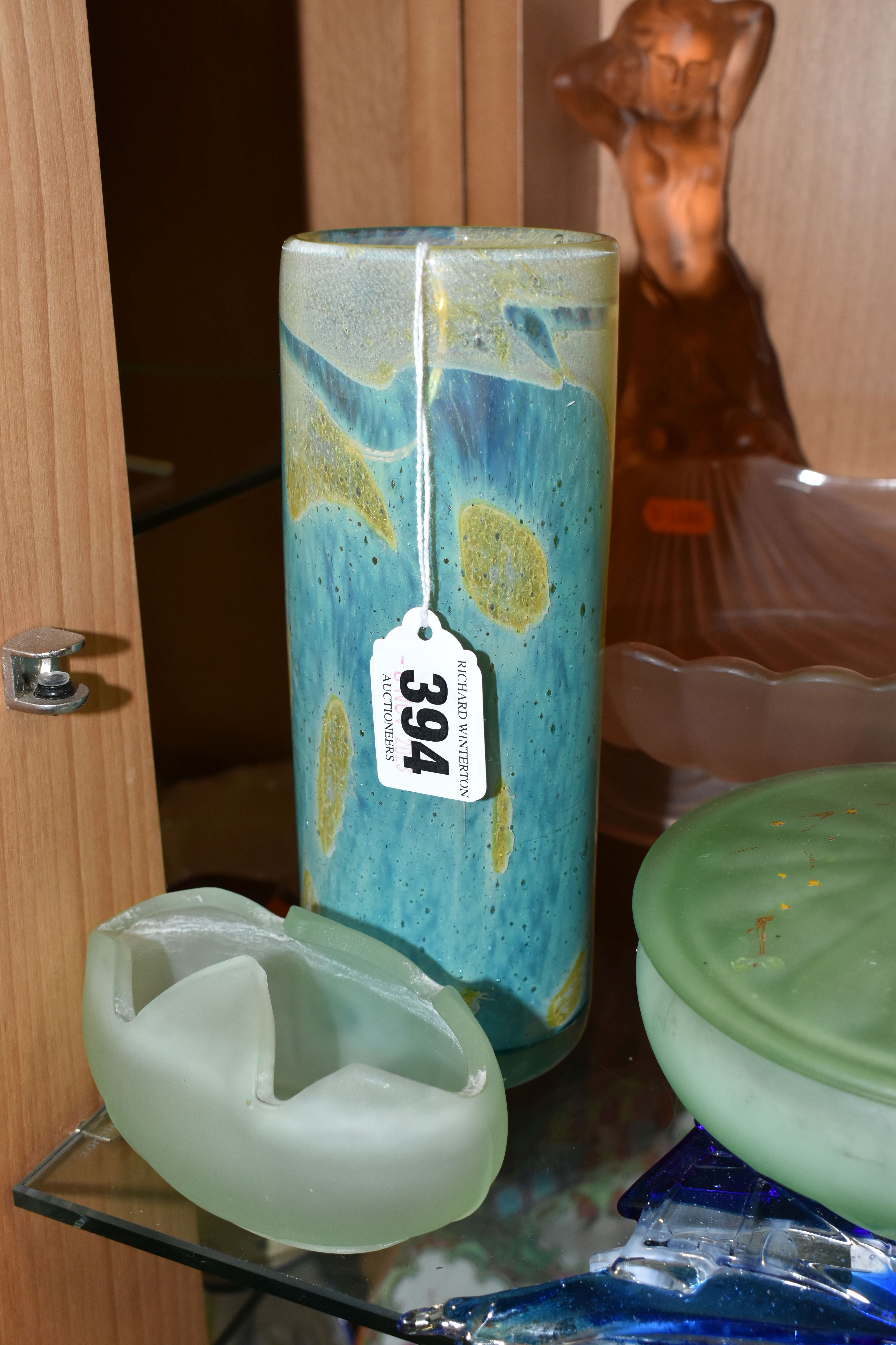 A COLLECTION OF COLOURED GLASSWARE, comprising two pale blue satin quilted air - trap vases, - Image 2 of 13