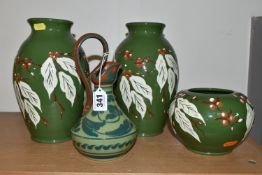 AN ALLER VALE JUG AND THREE PIECES OF C. H. BRANNAM LTD ROYAL BARUM WARE, the Aller Vale jug with