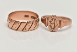 TWO 9CT ROSE GOLD RINGS, the first a late Victorian textured wide band, approximate band width 6.