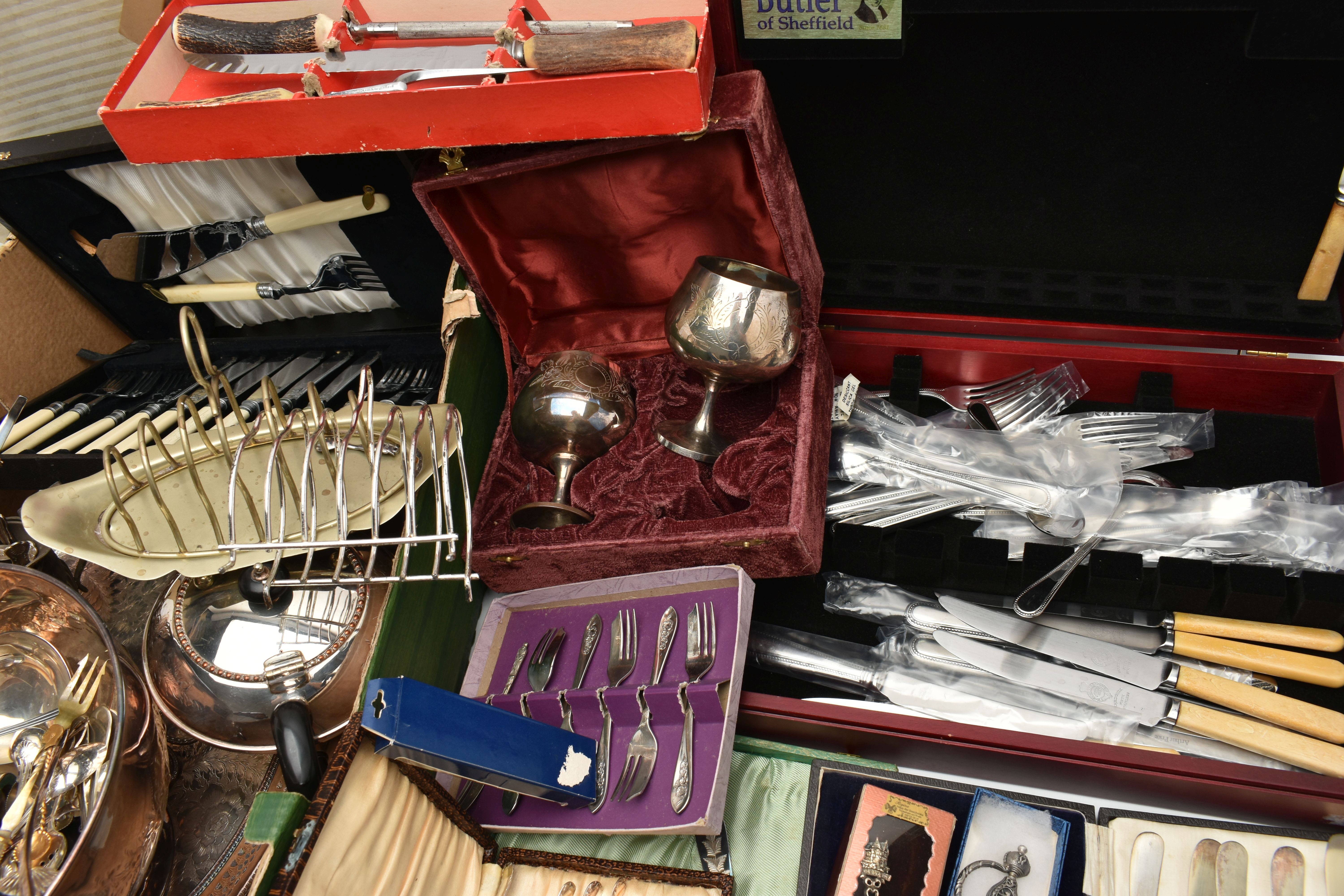 A BOX OF ASSORTED WHITE METAL WARE, to include a punch bowl with ladle, large oval tray, teapot, - Image 6 of 6