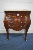 A FRENCH LOUIS XV STYLE KINGWOOD AND WALNUT BOMBE COMMODE, with a marble top, three drawers, on