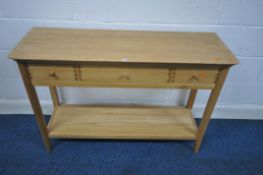 A JOHN LEWIS SOLID OAK SIDE/CONSOLE TABLE, with three drawers and an undershelf, length 119cm x