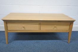 A JOHN LEWIS SOLID OAK COFFEE TABLE, with two drawers that go all the way through, length 120cm x