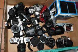 A BOX OF CAMERAS AND LENSES, to include a Canon AV-1 fitted with a Canon f3.5-4.5 35-70mm lens,