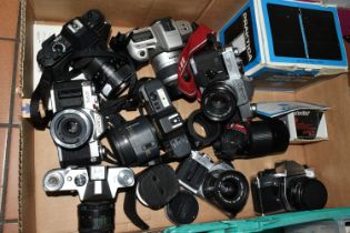 A BOX OF CAMERAS AND LENSES, to include a Canon AV-1 fitted with a Canon f3.5-4.5 35-70mm lens,