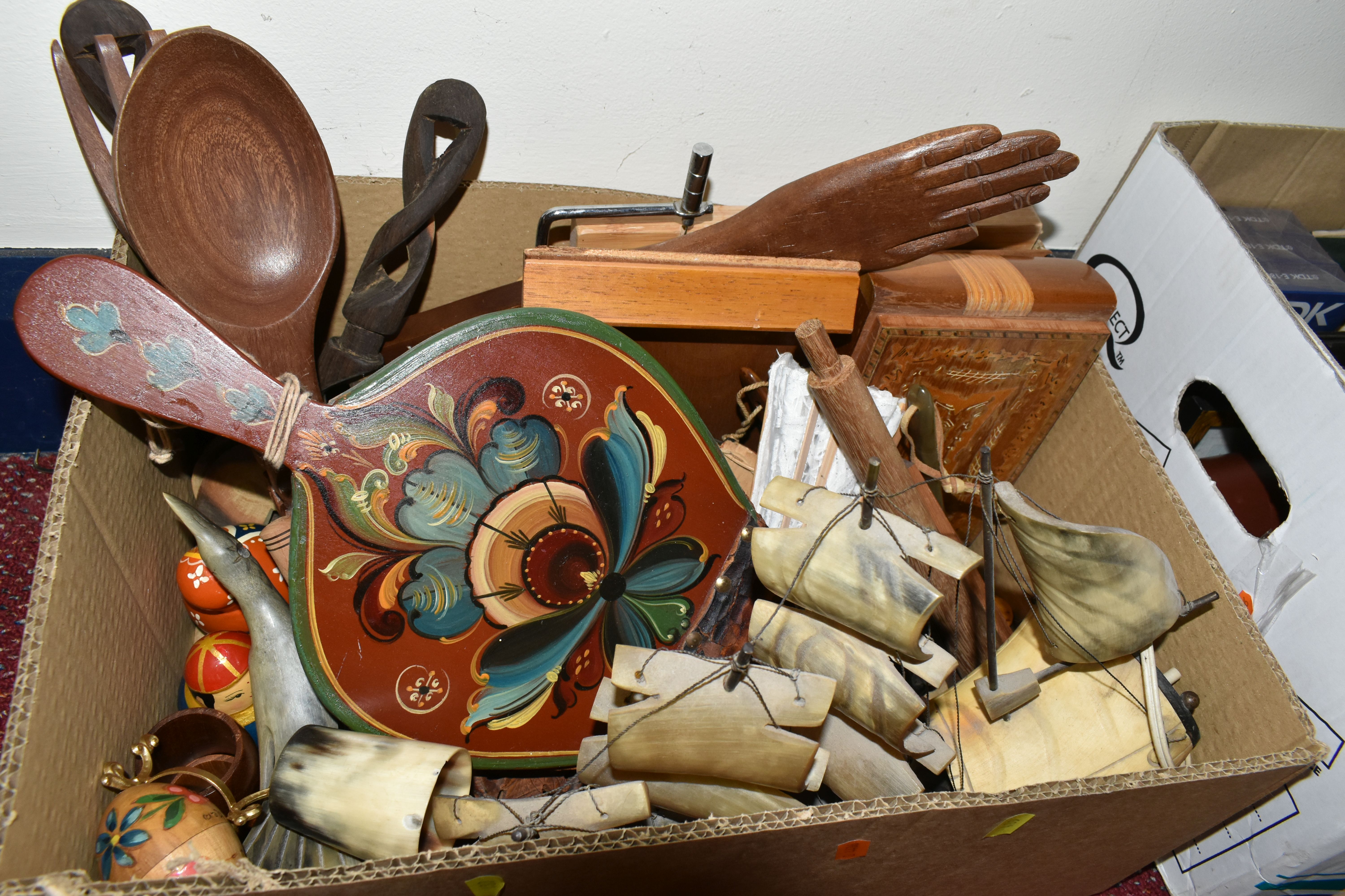 FOUR BOXES OF MISCELLANEOUS SUNDRIES, to include a hand painted three handled 'Barge Ware' jug/ - Image 6 of 8