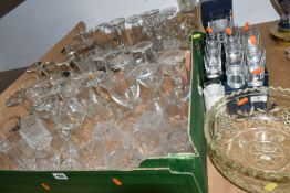TWO BOXES AND LOOSE GLASS WARES, to include a collection of fifteen whisky tot glasses (most