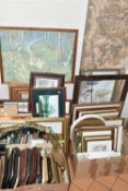 TWO BOXES AND LOOSE ASSORTED PICTURES ETC, to include two early 20th century landscape oils on